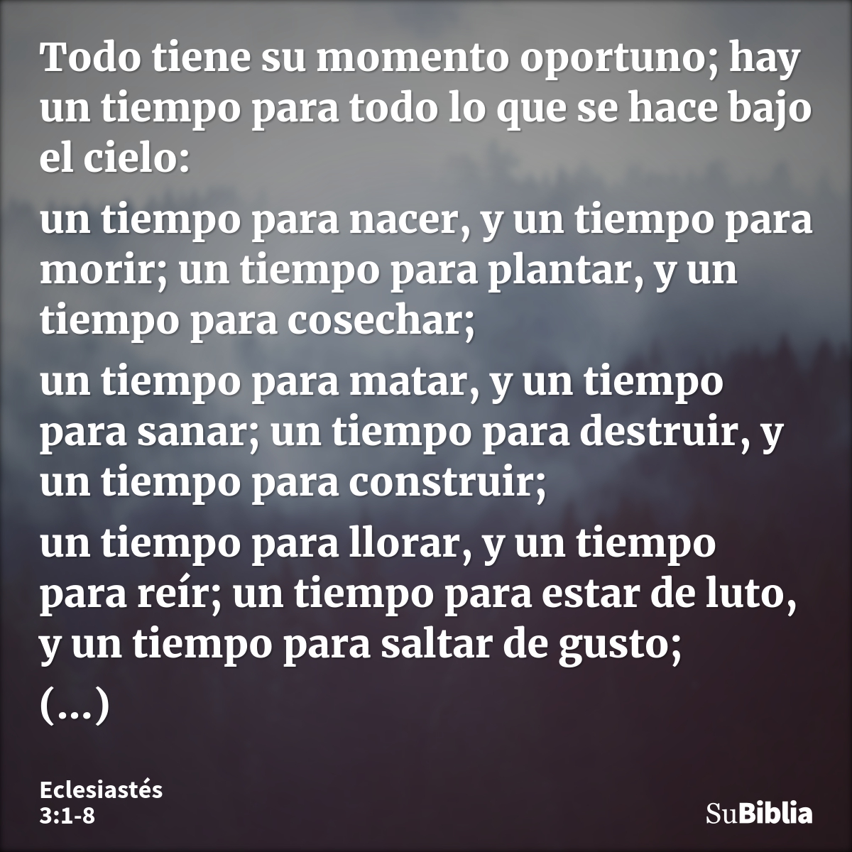 Todo tiene su momento oportuno; hay un tiempo para todo lo que se hace bajo el cielo: un tiempo para nacer, y un tiempo para morir; un tiempo para plantar, y un... --- Eclesiastés 3:1