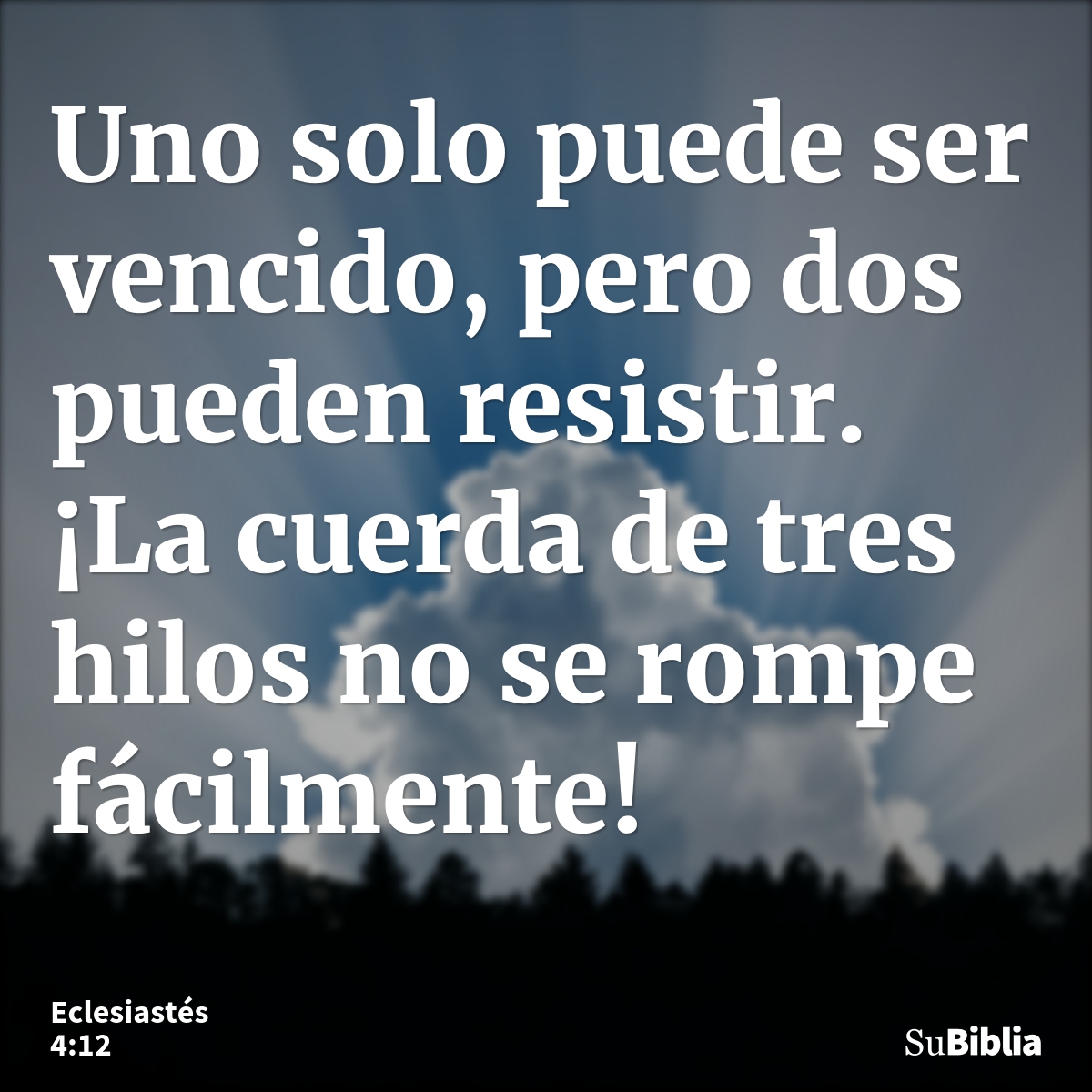 Uno solo puede ser vencido, pero dos pueden resistir. ¡La cuerda de tres hilos no se rompe fácilmente! --- Eclesiastés 4:12