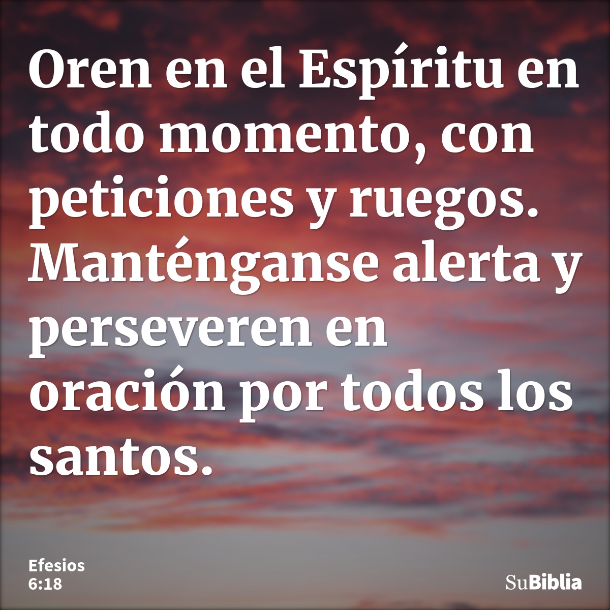 Oren en el Espíritu en todo momento, con peticiones y ruegos. Manténganse alerta y perseveren en oración por todos los santos. --- Efesios 6:18