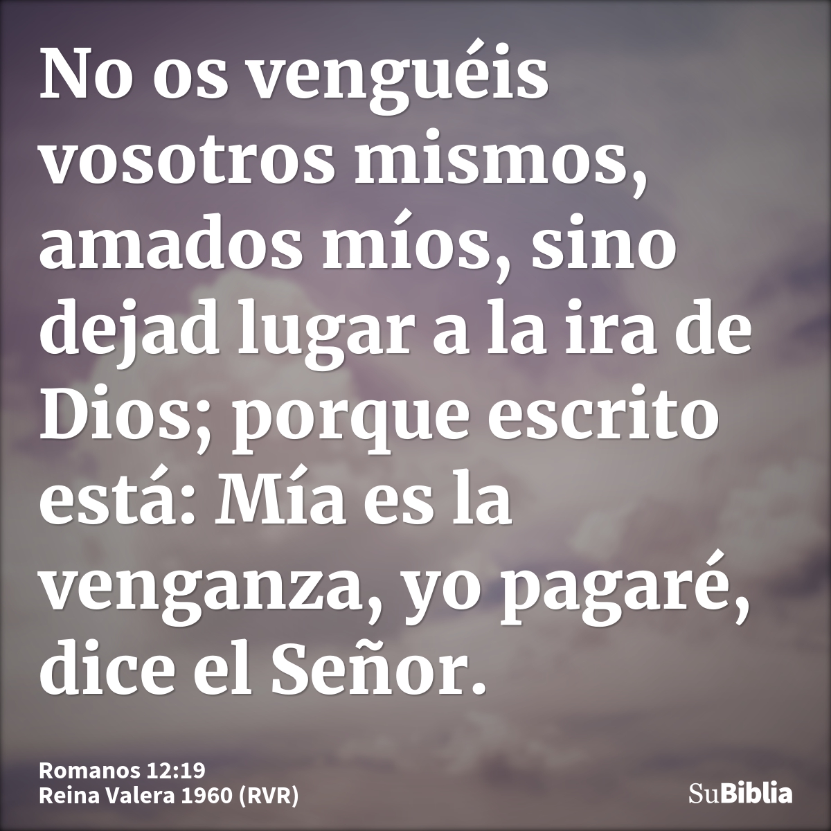 No os venguéis vosotros mismos, amados míos, sino dejad lugar a la ira de Dios; porque escrito está: Mía es la venganza, yo pagaré, dice el Señor.