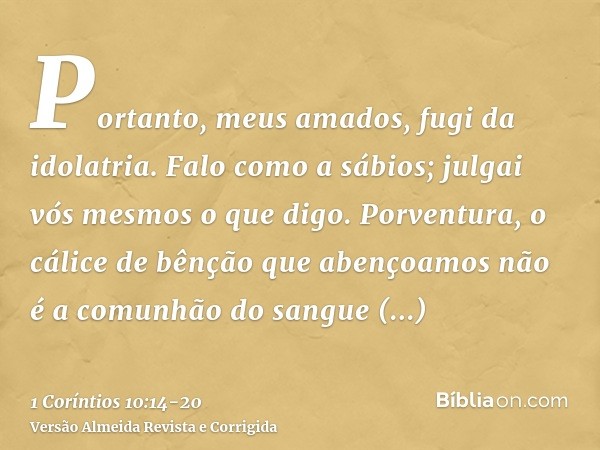 Portanto, meus amados, fugi da idolatria.Falo como a sábios; julgai vós mesmos o que digo.Porventura, o cálice de bênção que abençoamos não é a comunhão do sang