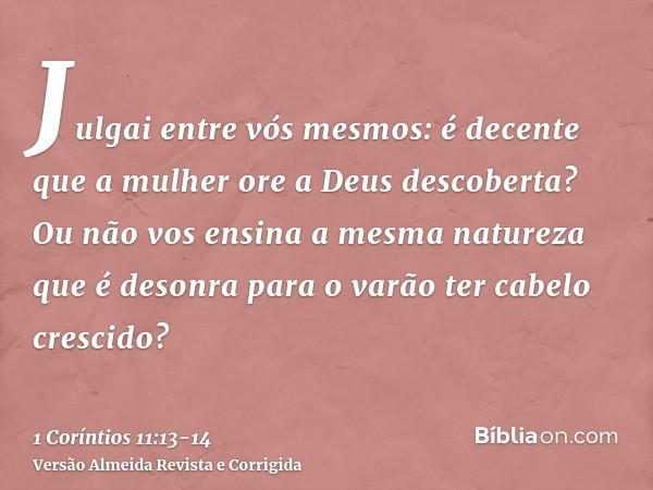 Julgai entre vós mesmos: é decente que a mulher ore a Deus descoberta?Ou não vos ensina a mesma natureza que é desonra para o varão ter cabelo crescido?