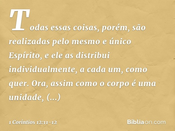 Todas essas coisas, porém, são realizadas pelo mesmo e único Espírito, e ele as distribui individualmente, a cada um, como quer. Ora, assim como o corpo é uma u