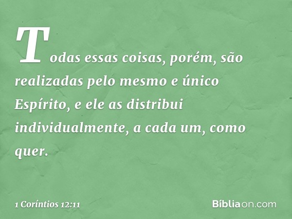 Todas essas coisas, porém, são realizadas pelo mesmo e único Espírito, e ele as distribui individualmente, a cada um, como quer. -- 1 Coríntios 12:11