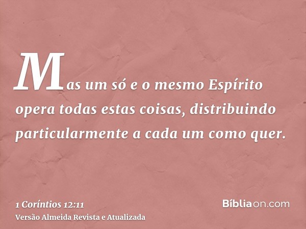 Mas um só e o mesmo Espírito opera todas estas coisas, distribuindo particularmente a cada um como quer.