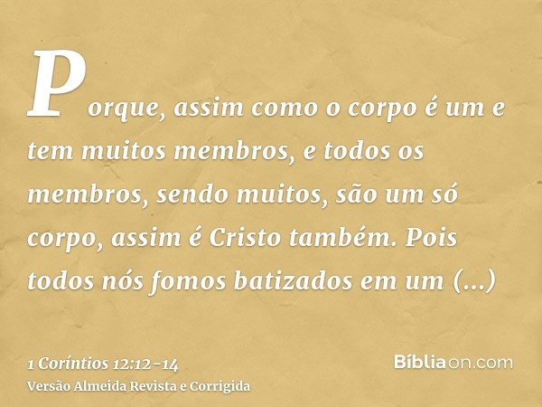 Porque, assim como o corpo é um e tem muitos membros, e todos os membros, sendo muitos, são um só corpo, assim é Cristo também.Pois todos nós fomos batizados em