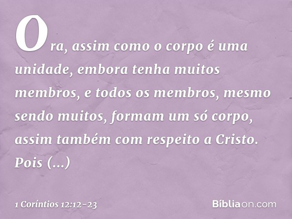 Ora, assim como o corpo é uma unidade, embora tenha muitos membros, e todos os membros, mesmo sendo muitos, formam um só corpo, assim também com respeito a Cris