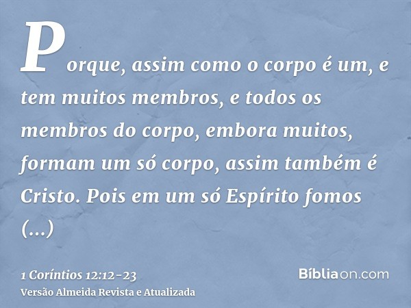 Porque, assim como o corpo é um, e tem muitos membros, e todos os membros do corpo, embora muitos, formam um só corpo, assim também é Cristo.Pois em um só Espír