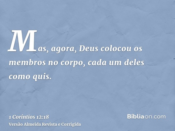 Mas, agora, Deus colocou os membros no corpo, cada um deles como quis.