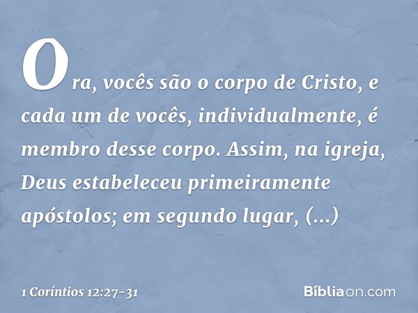 Ora, vocês são o corpo de Cristo, e cada um de vocês, individualmente, é membro desse corpo. Assim, na igreja, Deus estabeleceu primeiramente apóstolos; em segu