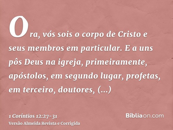 Ora, vós sois o corpo de Cristo e seus membros em particular.E a uns pôs Deus na igreja, primeiramente, apóstolos, em segundo lugar, profetas, em terceiro, dout