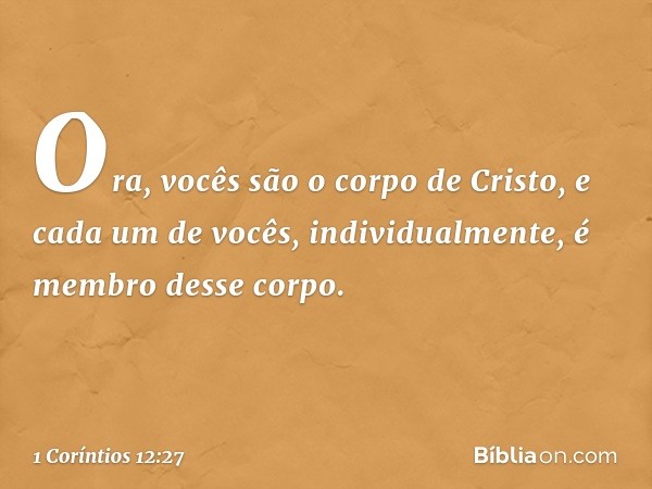 Ora, vocês são o corpo de Cristo, e cada um de vocês, individualmente, é membro desse corpo. -- 1 Coríntios 12:27