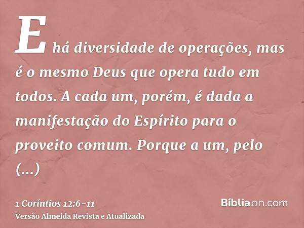 E há diversidade de operações, mas é o mesmo Deus que opera tudo em todos.A cada um, porém, é dada a manifestação do Espírito para o proveito comum.Porque a um,