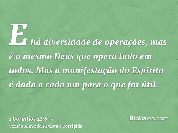 E há diversidade de operações, mas é o mesmo Deus que opera tudo em todos.Mas a manifestação do Espírito é dada a cada um para o que for útil.