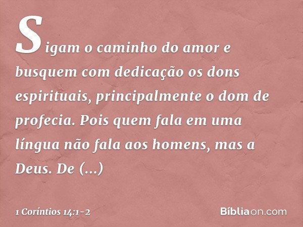 Sigam o caminho do amor e busquem com dedicação os dons espirituais, principalmente o dom de profecia. Pois quem fala em uma língua não fala aos homens, mas a D