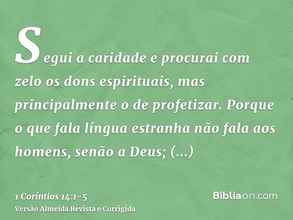 Segui a caridade e procurai com zelo os dons espirituais, mas principalmente o de profetizar.Porque o que fala língua estranha não fala aos homens, senão a Deus