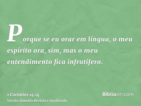 Porque se eu orar em língua, o meu espírito ora, sim, mas o meu entendimento fica infrutífero.