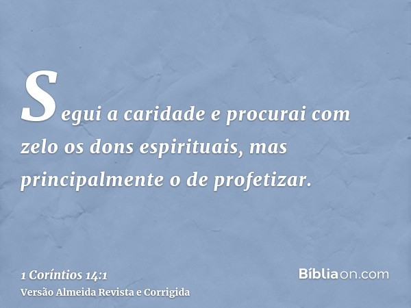 Segui a caridade e procurai com zelo os dons espirituais, mas principalmente o de profetizar.