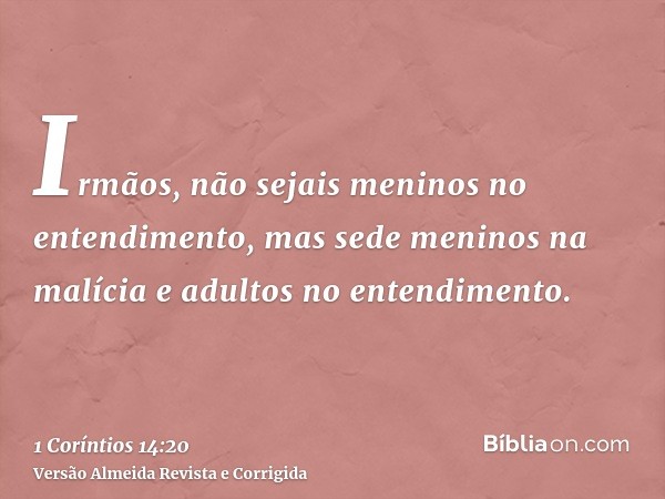 Irmãos, não sejais meninos no entendimento, mas sede meninos na malícia e adultos no entendimento.