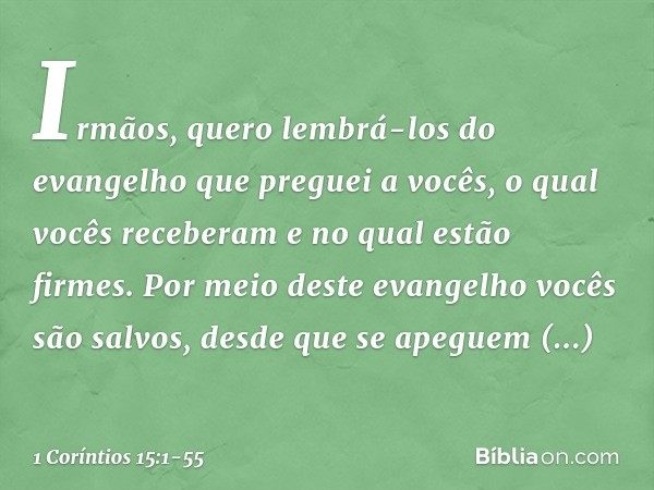 Irmãos, quero lembrá-los do evangelho que preguei a vocês, o qual vocês receberam e no qual estão firmes. Por meio deste evangelho vocês são salvos, desde que s