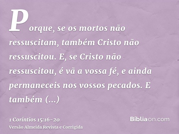 Porque, se os mortos não ressuscitam, também Cristo não ressuscitou.E, se Cristo não ressuscitou, é vã a vossa fé, e ainda permaneceis nos vossos pecados.E tamb