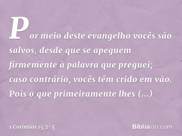 Por meio deste evangelho vocês são salvos, desde que se apeguem firmemente à palavra que preguei; caso contrário, vocês têm crido em vão. Pois o que primeiramen