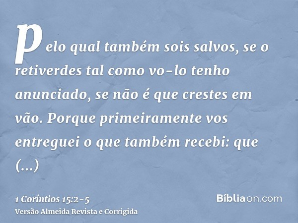 pelo qual também sois salvos, se o retiverdes tal como vo-lo tenho anunciado, se não é que crestes em vão.Porque primeiramente vos entreguei o que também recebi