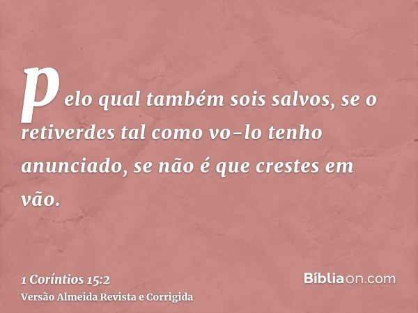 pelo qual também sois salvos, se o retiverdes tal como vo-lo tenho anunciado, se não é que crestes em vão.