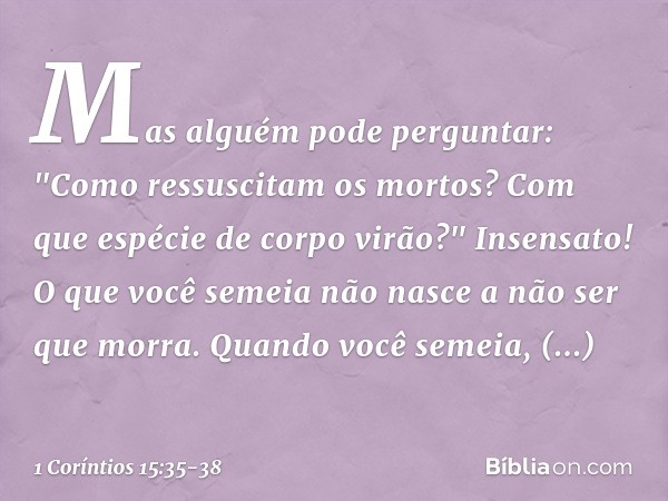 Mas alguém pode perguntar: "Como ressuscitam os mortos? Com que espécie de corpo virão?" Insensato! O que você semeia não nasce a não ser que morra. Quando você