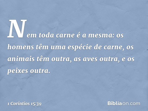 Nem toda carne é a mesma: os homens têm uma espécie de carne, os animais têm outra, as aves outra, e os peixes outra. -- 1 Coríntios 15:39