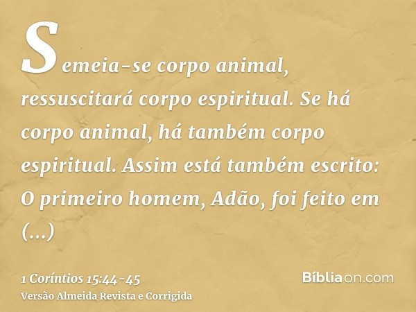 Semeia-se corpo animal, ressuscitará corpo espiritual. Se há corpo animal, há também corpo espiritual.Assim está também escrito: O primeiro homem, Adão, foi fei