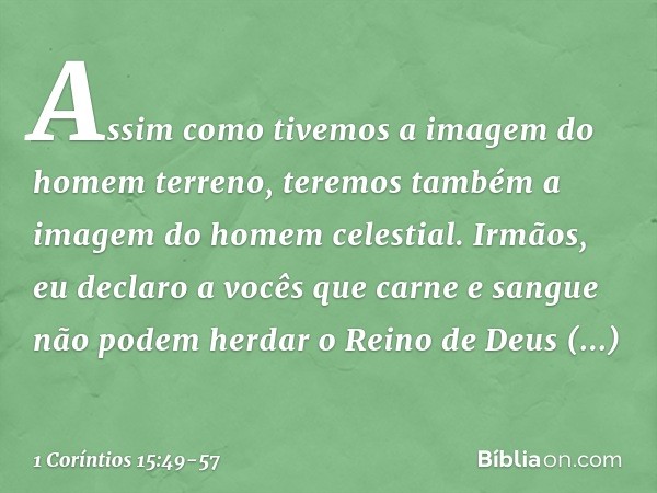 Assim como tivemos a imagem do homem terreno, teremos também a imagem do homem celestial. Irmãos, eu declaro a vocês que carne e sangue não podem herdar o Reino