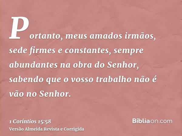 Portanto, meus amados irmãos, sede firmes e constantes, sempre abundantes na obra do Senhor, sabendo que o vosso trabalho não é vão no Senhor.