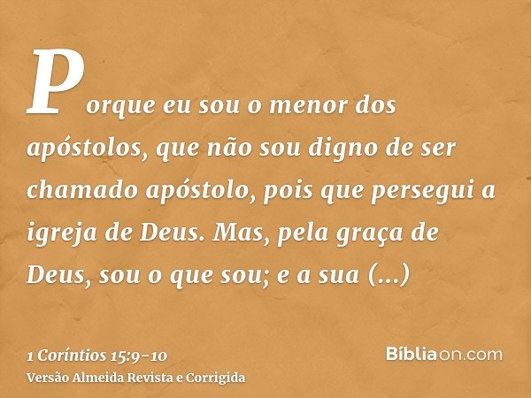 Porque eu sou o menor dos apóstolos, que não sou digno de ser chamado apóstolo, pois que persegui a igreja de Deus.Mas, pela graça de Deus, sou o que sou; e a s