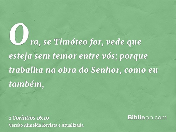 Ora, se Timóteo for, vede que esteja sem temor entre vós; porque trabalha na obra do Senhor, como eu também,