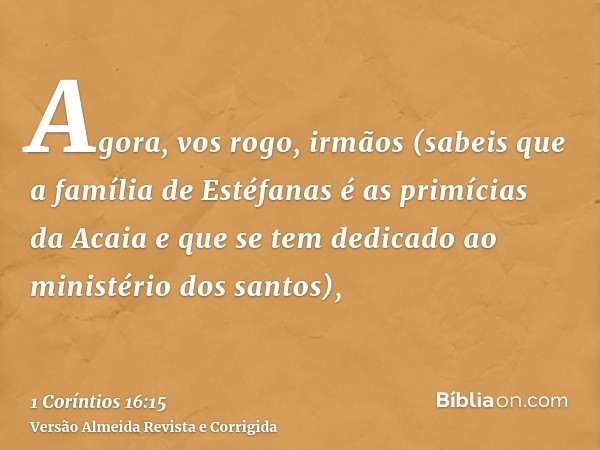 Agora, vos rogo, irmãos (sabeis que a família de Estéfanas é as primícias da Acaia e que se tem dedicado ao ministério dos santos),
