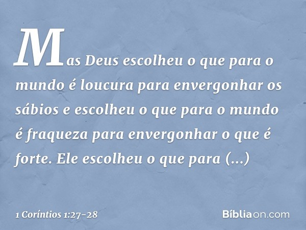 Mas Deus escolheu o que para o mundo é loucura para envergonhar os sábios e escolheu o que para o mundo é fraqueza para envergonhar o que é forte. Ele escolheu