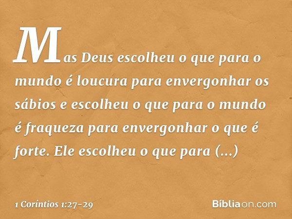 Mas Deus escolheu o que para o mundo é loucura para envergonhar os sábios e escolheu o que para o mundo é fraqueza para envergonhar o que é forte. Ele escolheu