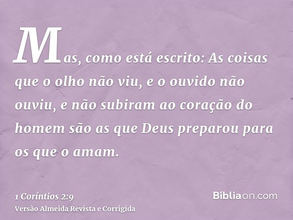 Mas, como está escrito: As coisas que o olho não viu, e o ouvido não ouviu, e não subiram ao coração do homem são as que Deus preparou para os que o amam.