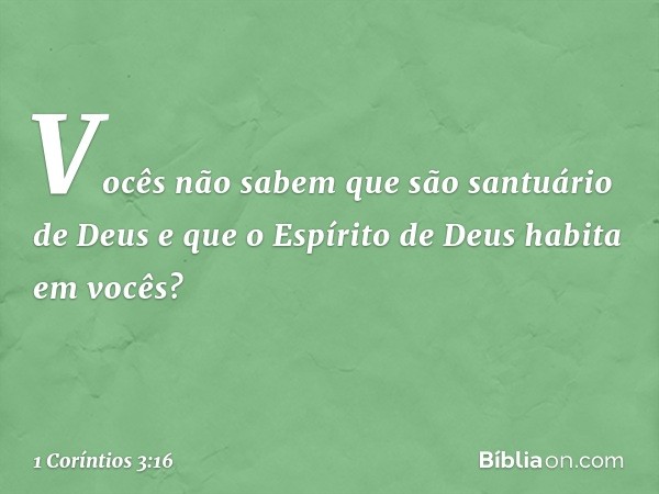 Vocês não sabem que são santuário de Deus e que o Espírito de Deus habita em vocês? -- 1 Coríntios 3:16