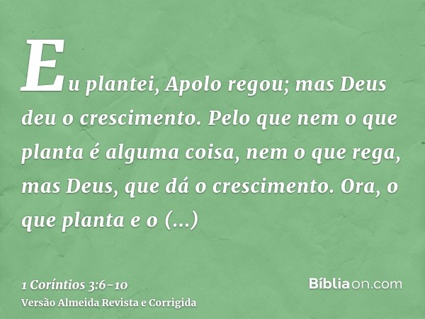 Eu plantei, Apolo regou; mas Deus deu o crescimento.Pelo que nem o que planta é alguma coisa, nem o que rega, mas Deus, que dá o crescimento.Ora, o que planta e