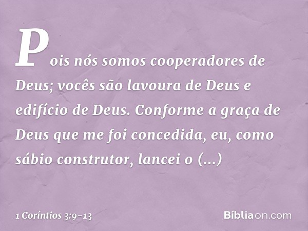Pois nós somos cooperadores de Deus; vocês são lavoura de Deus e edifício de Deus. Conforme a graça de Deus que me foi concedida, eu, como sábio construtor, lan