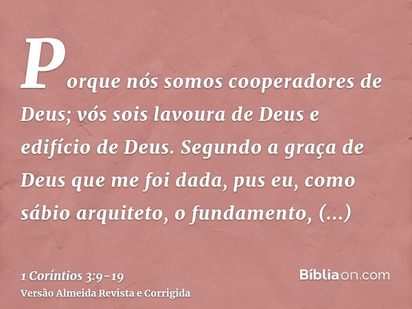 Porque nós somos cooperadores de Deus; vós sois lavoura de Deus e edifício de Deus.Segundo a graça de Deus que me foi dada, pus eu, como sábio arquiteto, o fund