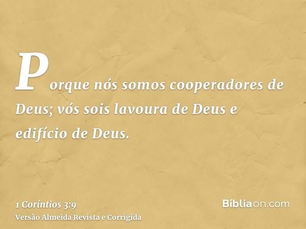 Porque nós somos cooperadores de Deus; vós sois lavoura de Deus e edifício de Deus.