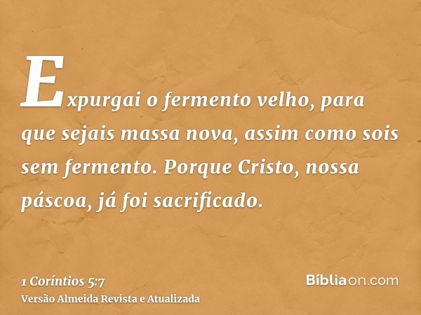 Expurgai o fermento velho, para que sejais massa nova, assim como sois sem fermento. Porque Cristo, nossa páscoa, já foi sacrificado.