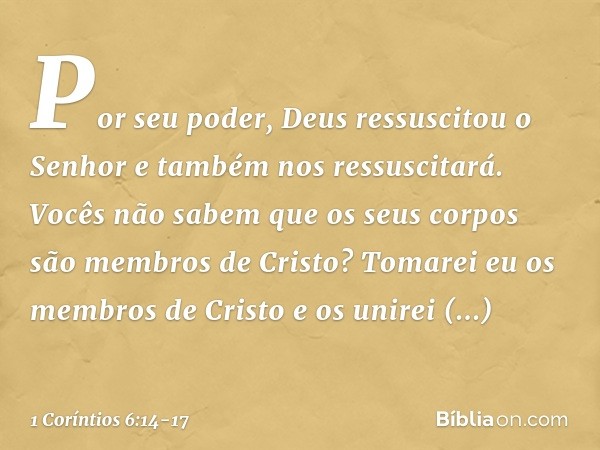 Por seu poder, Deus ressuscitou o Senhor e também nos ressuscitará. Vocês não sabem que os seus corpos são membros de Cristo? Tomarei eu os membros de Cristo e 