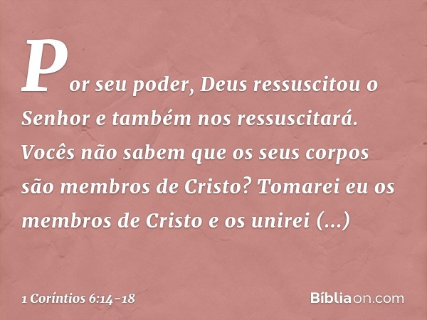 Por seu poder, Deus ressuscitou o Senhor e também nos ressuscitará. Vocês não sabem que os seus corpos são membros de Cristo? Tomarei eu os membros de Cristo e 