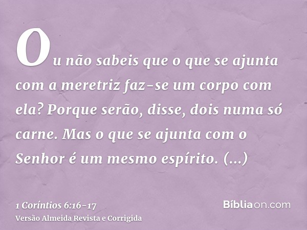 Ou não sabeis que o que se ajunta com a meretriz faz-se um corpo com ela? Porque serão, disse, dois numa só carne.Mas o que se ajunta com o Senhor é um mesmo es