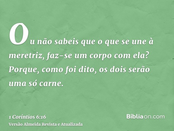 Ou não sabeis que o que se une à meretriz, faz-se um corpo com ela? Porque, como foi dito, os dois serão uma só carne.