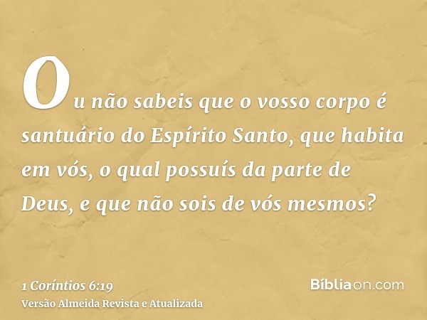 Ou não sabeis que o vosso corpo é santuário do Espírito Santo, que habita em vós, o qual possuís da parte de Deus, e que não sois de vós mesmos?